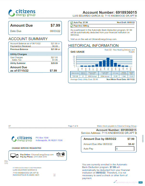 download USA INDIANAPOLIS CITIZENS ENERGY GROUP utility bill Word and PDF template PDF template